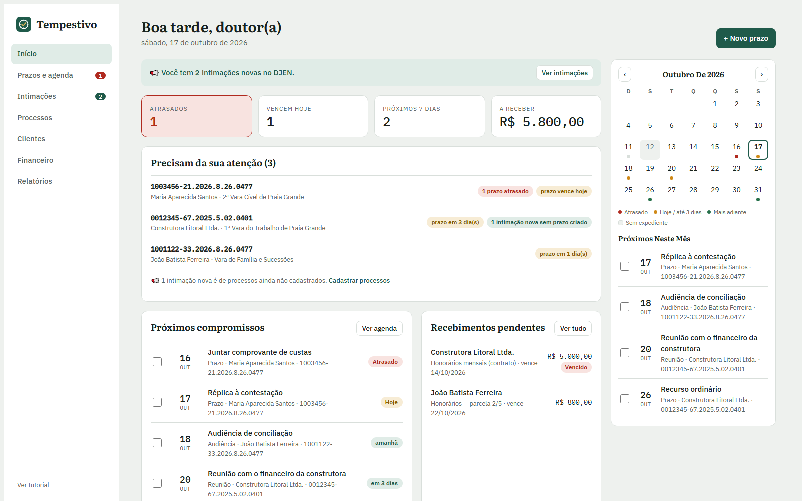 Tela inicial do Tempestivo com prazos atrasados, de hoje e da semana, processos que precisam de atenção e o calendário do mês